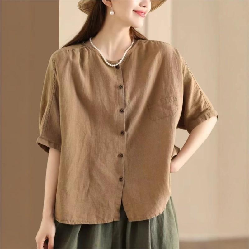 Johnature Women Vintage Shirts Tops Summer O-Neck Short Sleeve Blouses Solid Color Button Female Shirts