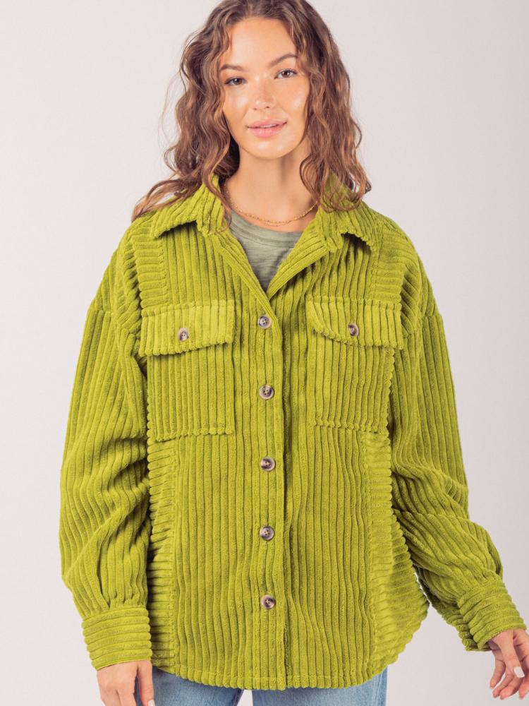 

Olive Green Corduroy Shirt Women s Casual Button Down Shirt with Chest Pockets and Cuffed Sleeves S зелений