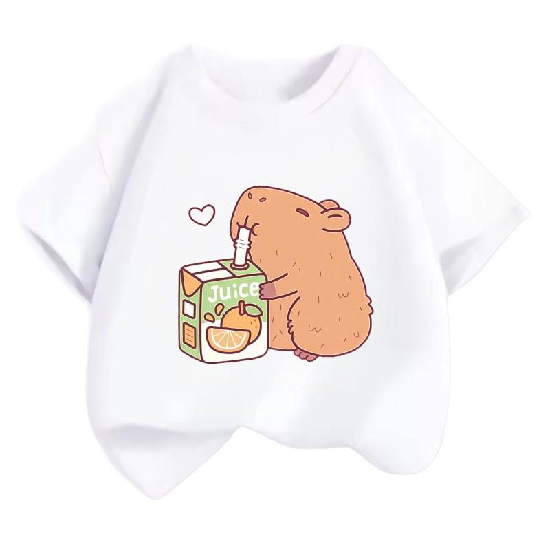 Unisex Kids’ Cute Capybara Milk Tea Cartoon T-Shirt - Loose Summer Casual Short Sleeve Top