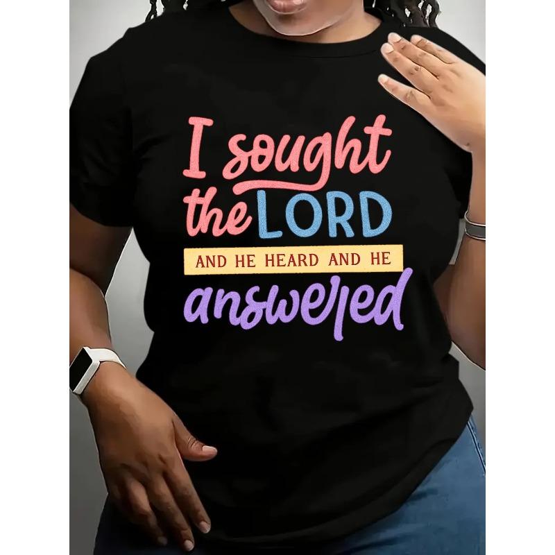 

Women s Plus Size I Sought the LORD, And He Heard Print Tee Round Neck Loose Fit Athleisure Casual All-Season Valentine s Day Top S чёрный