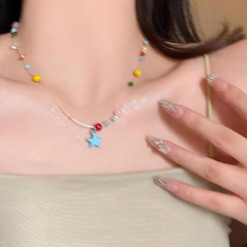 Party Necklace Colorful Star Beaded Pendant Clavicle Chain Delicate Star Collar Choker Necklace for Women Girl Birthday