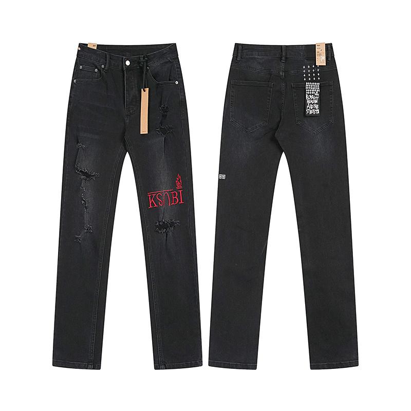 Men s Black Distressed Embroidered Straight Leg Jeans, Ripped Denim Pants 30