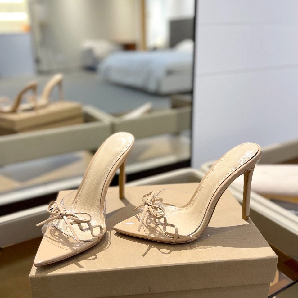 2025 Damen Täglich Vielseitig Rot, Schwarz und Weiß Nude Kuh Lackleder Schleife Transparent Spitz Super Hoher Absatz Coole Slipper