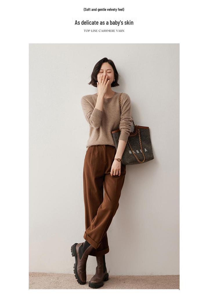 Women's Cashmere Sweater 2024: Round Neck, Versatile, Elegant Wool Knit for Autumn/Winter
