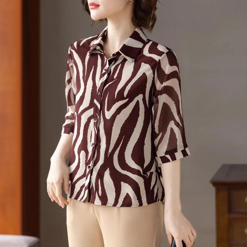 Women Black White Zebra Print Half Sleeve Chiffon Button Down Shirt