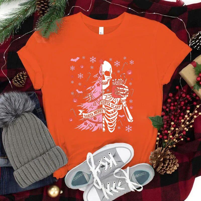 Street Christmas Fashion Short Sleeve Tshirts for Women Festive Skeleton with Coffee Tree Print Tshirt Festive Holiday Tee Top