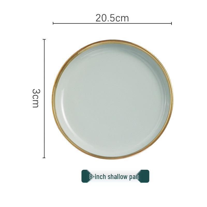 Set de Veselă Ceramică Nordică de Lux cu Margine Aurie: Farfurii, Boluri și Linguri.