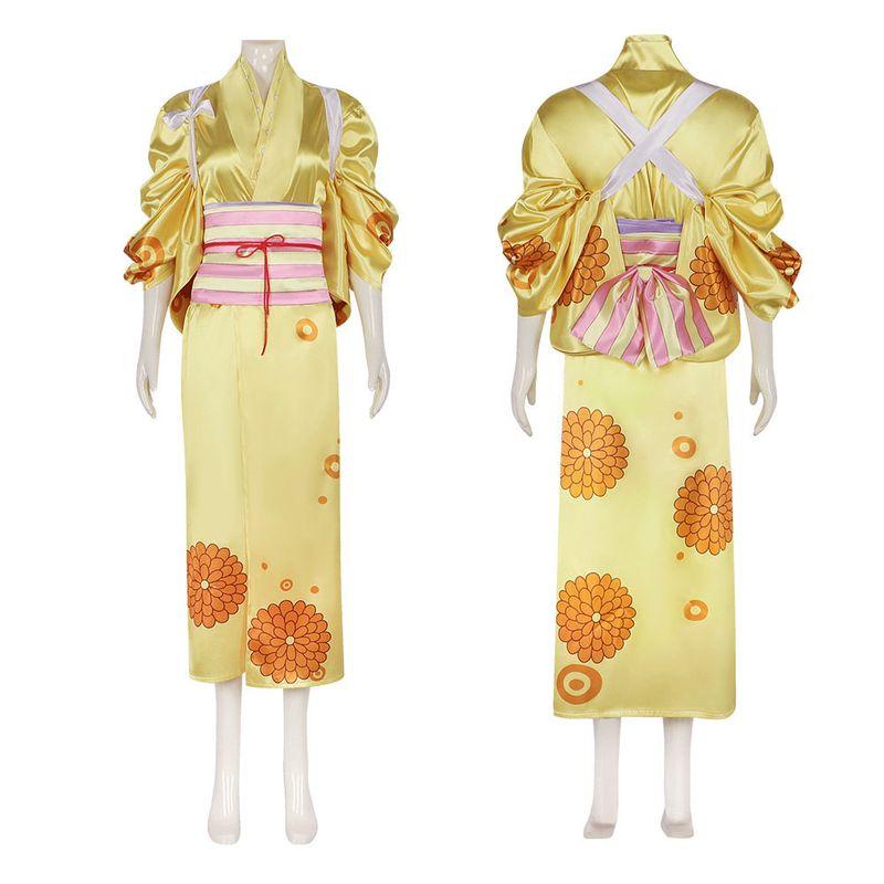 One Piece Cosplay Costume Kiku No Shou Anime Character Outfit Yellow Kimono Set Cosplay Halloween Chrysanthemum Yellow Kimono S