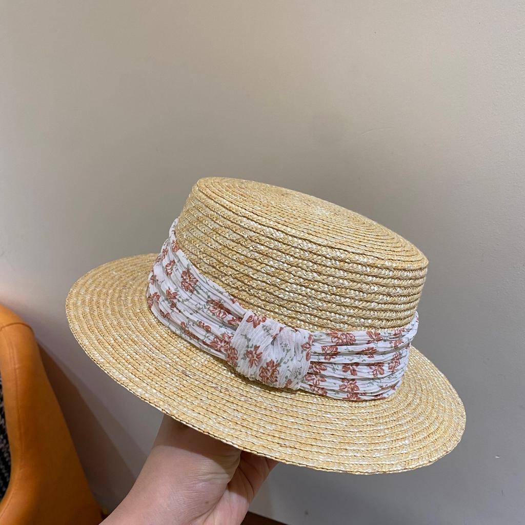 High-end Straw Straw Hat, Flat Top, Small Brim, Floral Summer Visor Hat, Women's Photo Vacation Fashion Sun Hat