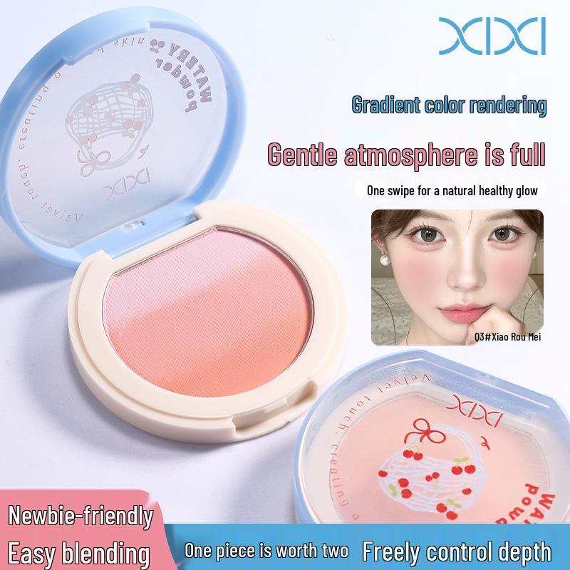 Xixi Gradient Blush Palette: Korean-Style, Low-Saturation Colors, Blue Shirt and Natural Blush Shades, Expanding/Contracting Design.