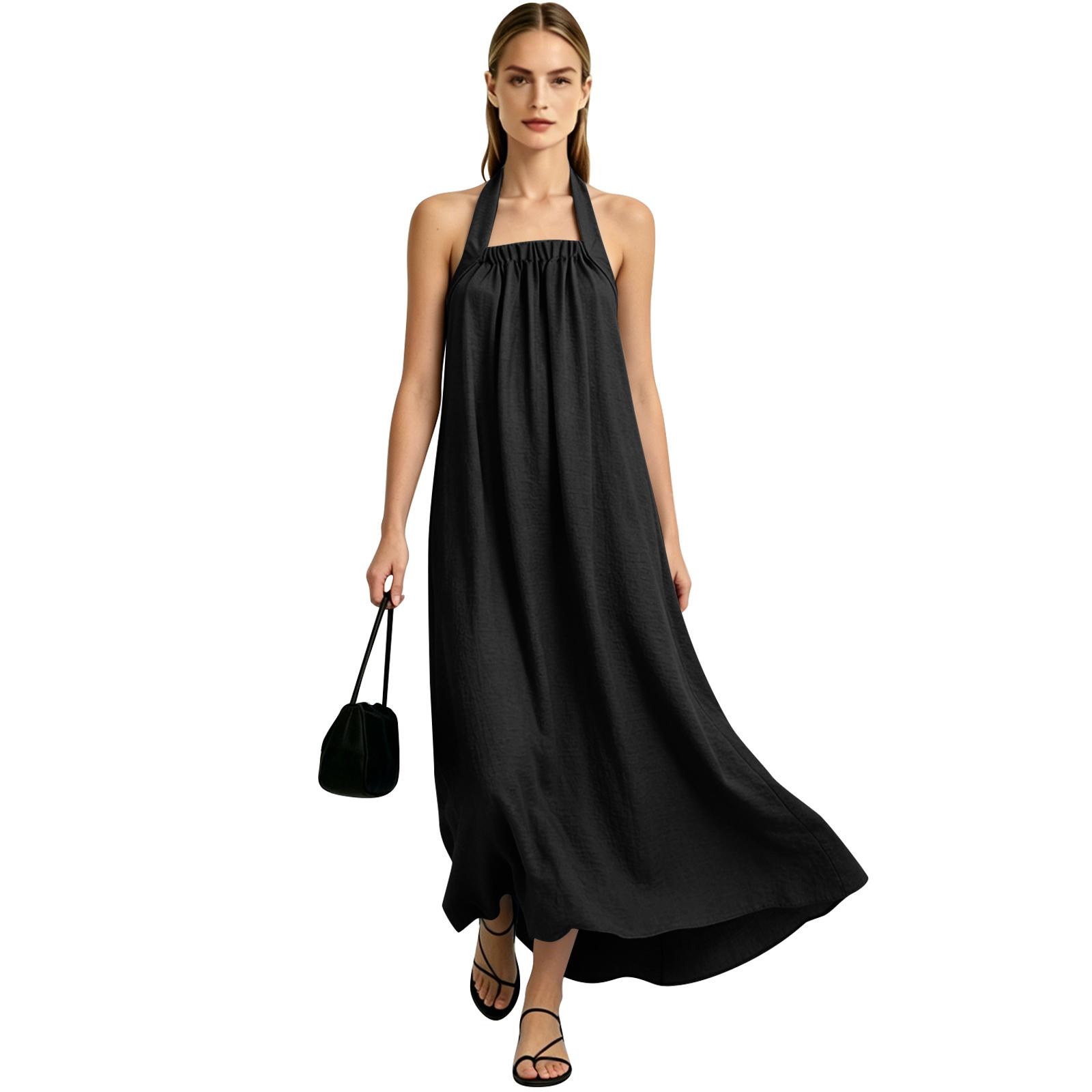 

Summer Dresses Loose V Neck Sleeveless Sundresses Swimsuit Coverup With Pockets L чёрный