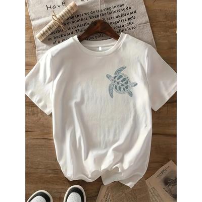 Vibrant Turtle Graphic Print T-Shirt Women Crew Neck Geometric Pattern Female Short Sleeve Casual Tee for Summer