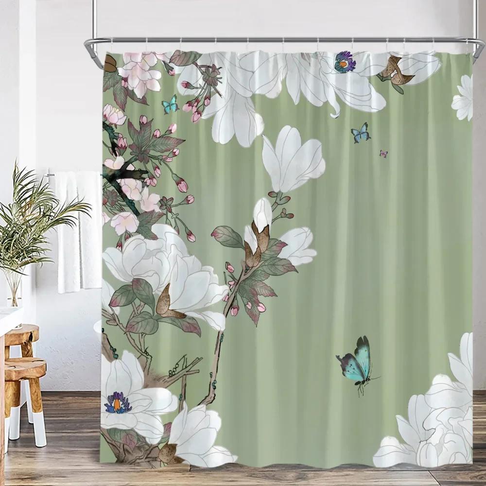 

Chinese Style Shower Curtain Bird Classical Flower Tree Plant Bathroom Decoration Vintage Polyester Shower Curtain With Hook W60H190(CM)-1 Pcs