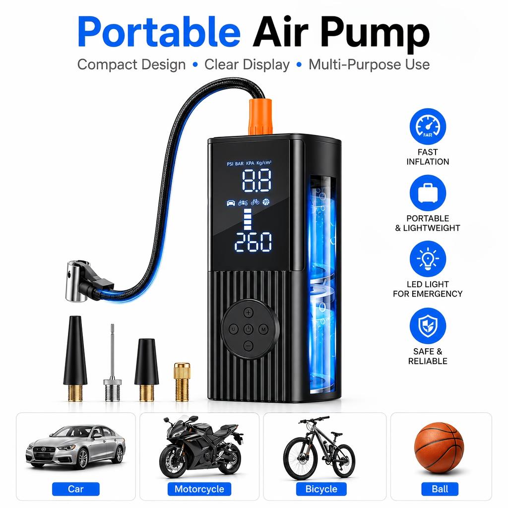 Portable Tire Pressure Gauge with Integrated Air Pump for Car Tire inflation210PSI Air Pressure22Tank Design with Rechargeable Battery LED Lighted