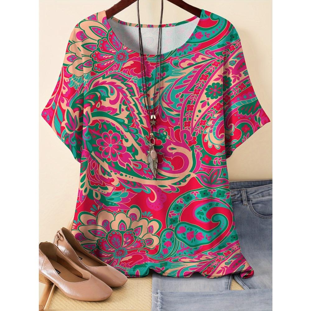 Summer Women Pattern Splicing 3D Printed Short Sleeved T-shirt Fashionable Comfortable Soft Breathable Large Loose Retro Style T-shirt