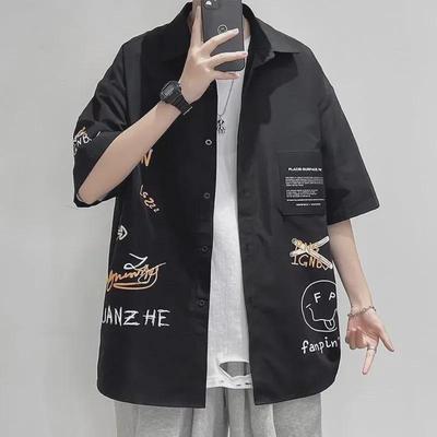 Men's Retro Japanese Short-Sleeve Shirt: Loose, Trendy, Solid Color, Perfect for Couples and Workwear