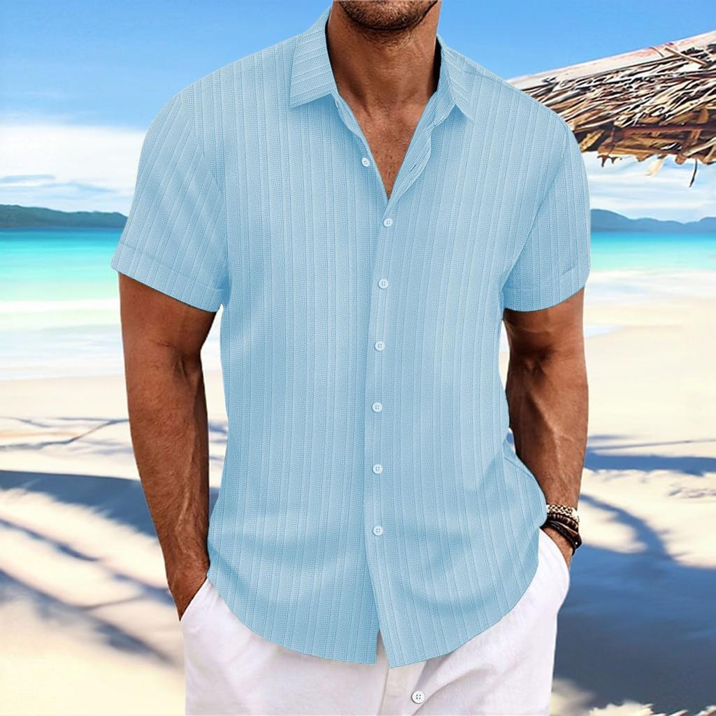 Summer Men's Short Sleeve Shirt New Men's Lapel Jacquard Stripe Casual Short Sleeve Shirt for Men