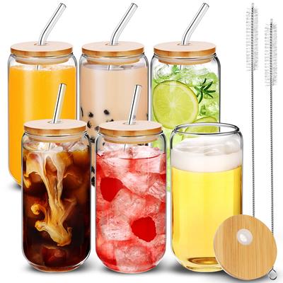 2/4/6 piezas Vasos de Vidrio con Forma de Lata con Tapas Antiderrame y Pajitas 500ml Vaso de Vidrio con Cepillos para Pajitas de Regalo Perfecto para Cumpleaños