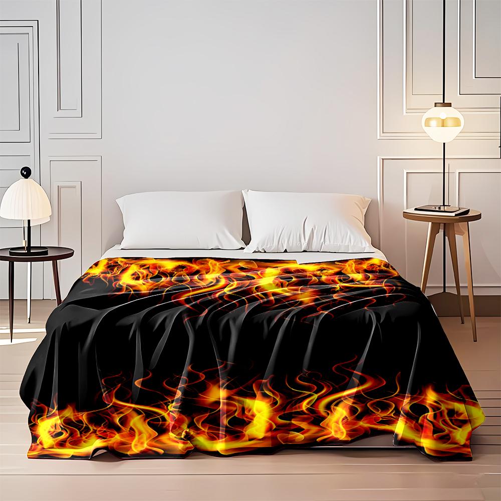 Fiery Flame Design On Black Background Flannel Blanket for Bedroom, Living Room, Sofa, and Nap Sofas.