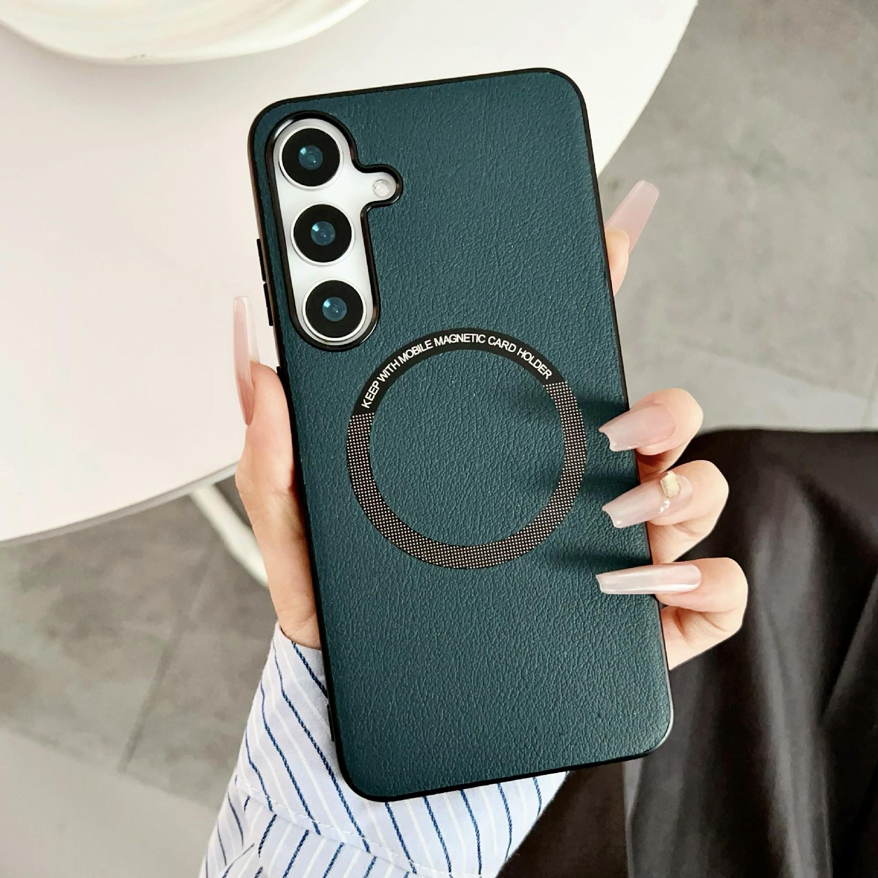 

For Samsung Galaxy S25+ Case Compatible with MagSafe Anti-Drop PU Leather+TPU Cover Green