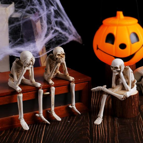 Halloween Skeleton Statue Resin See Speak Hear No Evil Skeleton Figurine with Dangling Legs for Indoor Mantel Table Shelf Decor