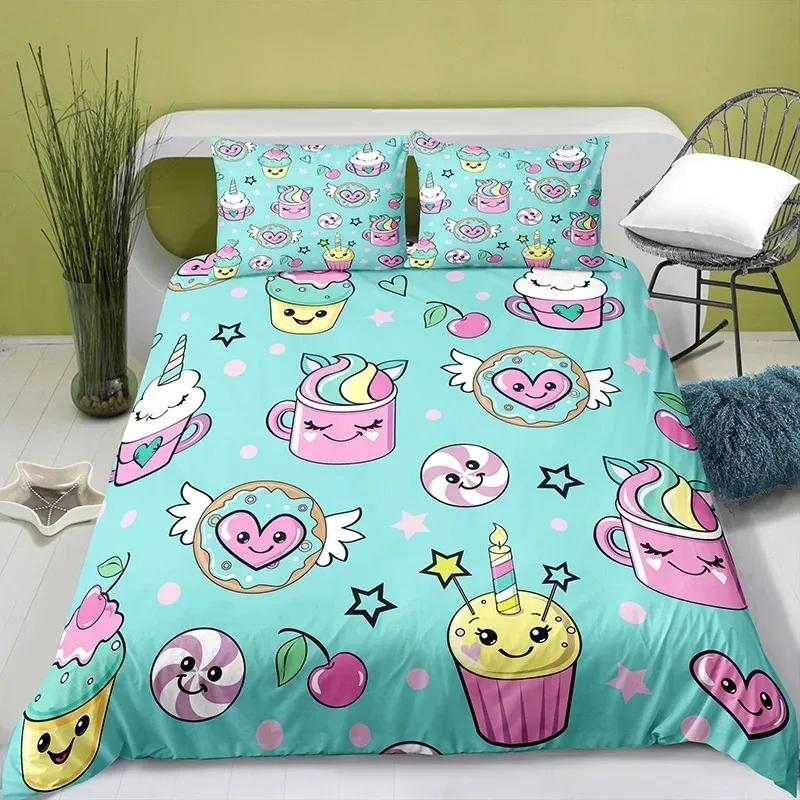Lovely Cartoon Food King Queen Duvet Cover Pearl Milk Tea Bedding Set Kids Teens Adults Dessert Fries Cola Polyester Quilt Cover