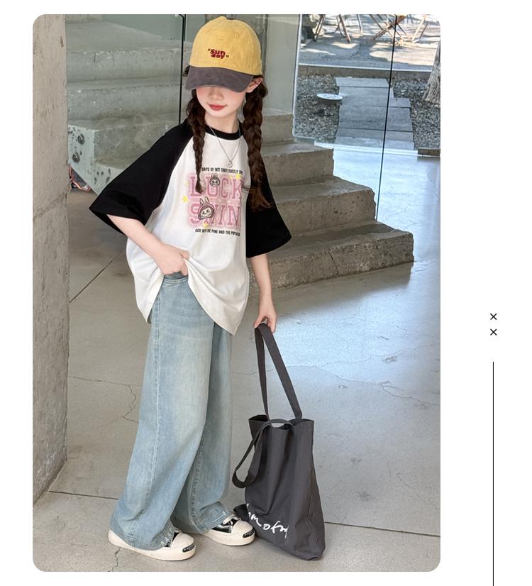 Girls' Short Sleeved Summer New Style Slimming Color Blocked Medium and Large Children's Stylish T-shirt Fashionable Pure Cotton Top