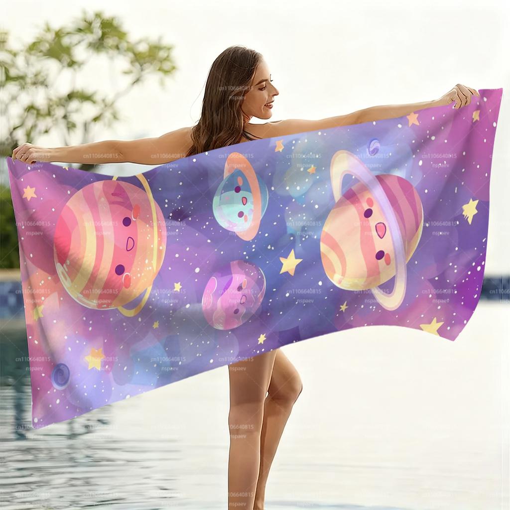 Cute Cartoon Planet Beach Towel, Kawaii Space Galaxy Print Bath Towel, Super Absorbent Microfiber Towel for Kids & Adults,