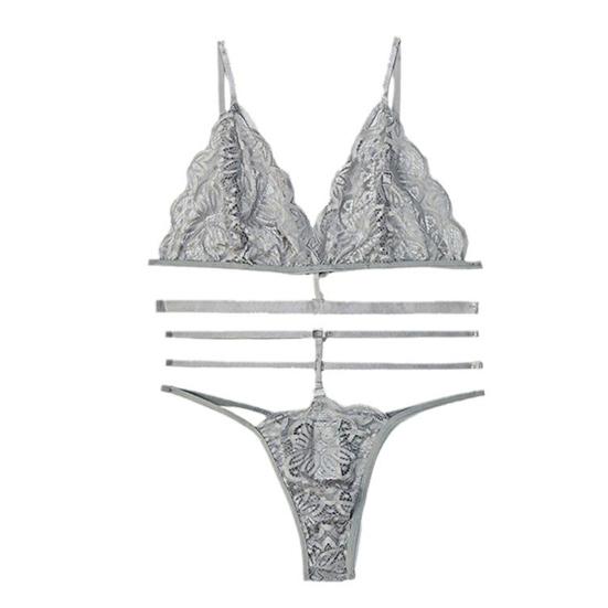 2 Pcs/Set Bra Briefs Set See-through Lace Embroidery Hollow Out Multi Straps Solid Color Thin High Waist Night Honeymoon Valentines Day Underwear Set