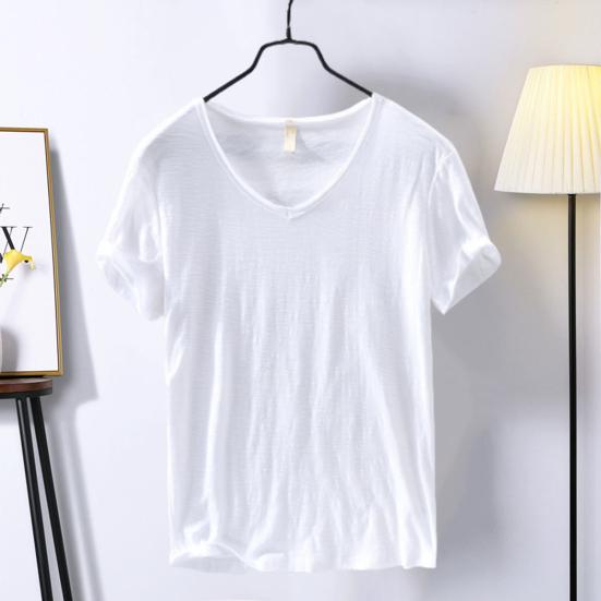 Summer Men Thin Breathable T-shirt V-neck Short Sleeve Solid Color Casual Basic Tees Casual Bottoms Pullover Tops