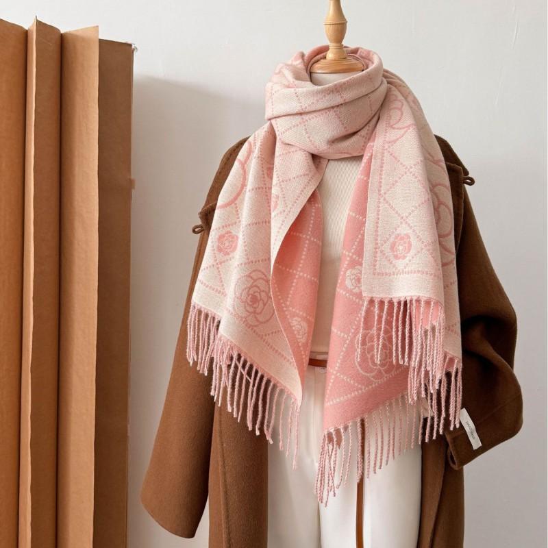 Double-Sided Jacquard Wool Blend Shawl With Camellia Motif Women Winter Warm Fashion Wrap Scarf