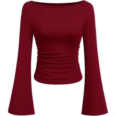 Top de manga larga para mujer Otoño 2025, color liso, cuello barco, manga acampanada, corte ajustado, fruncido