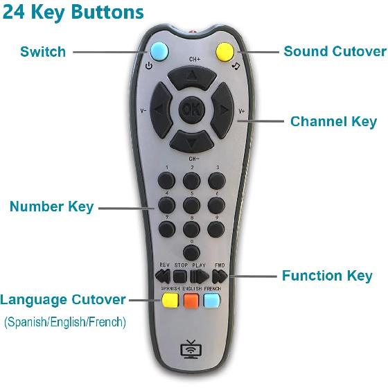 Kids Realistic TV Remote Control with Soft Light and Sound, Early Educational Learning Remote Toy with 3 Different Language, Musical Remote Toy for 6