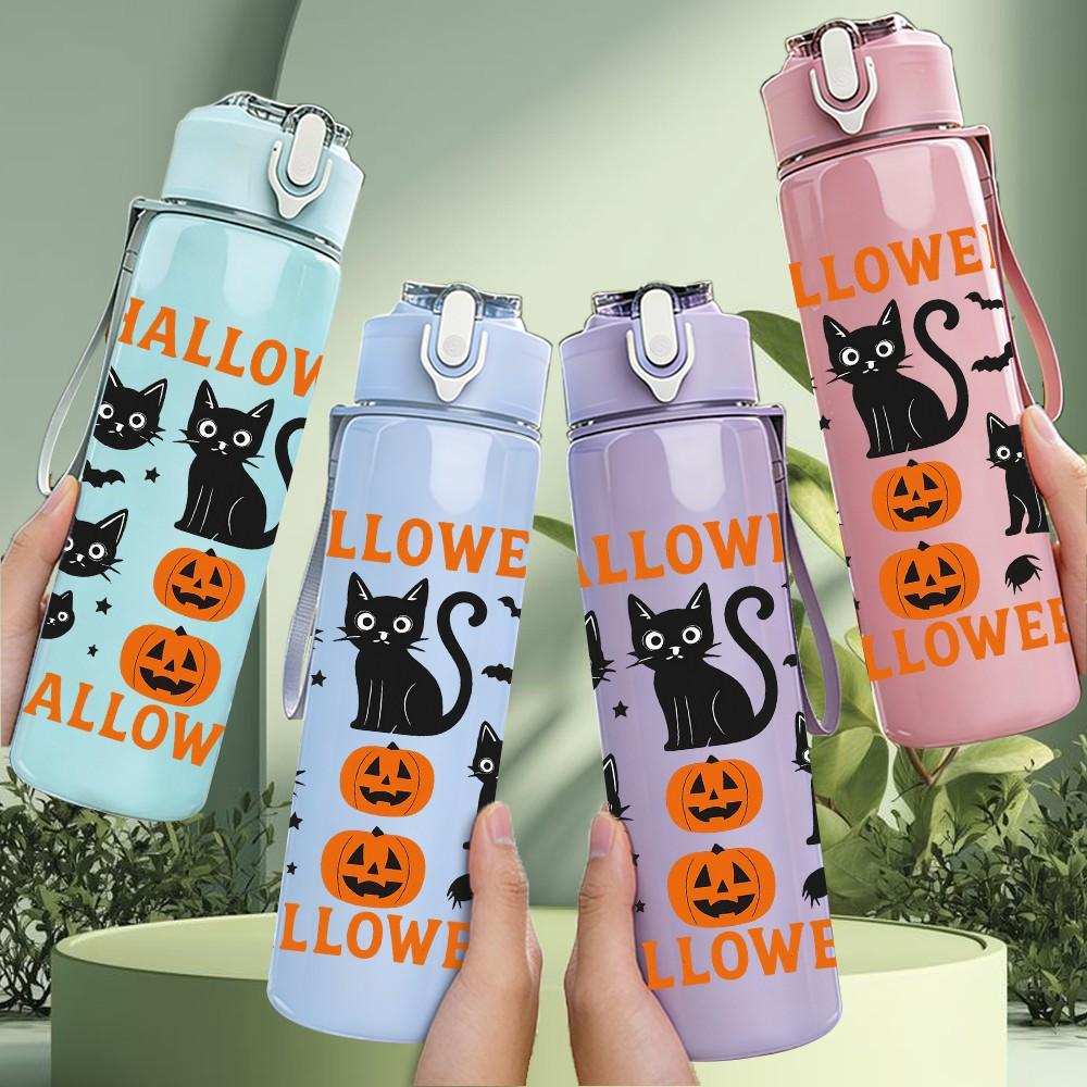 1PC Halloween Black Cat Pumpkin Art 750ml Color Plastic Sports Water Bottle Leakproof Flip Straw Lid Suitable for Sports Office Home Use