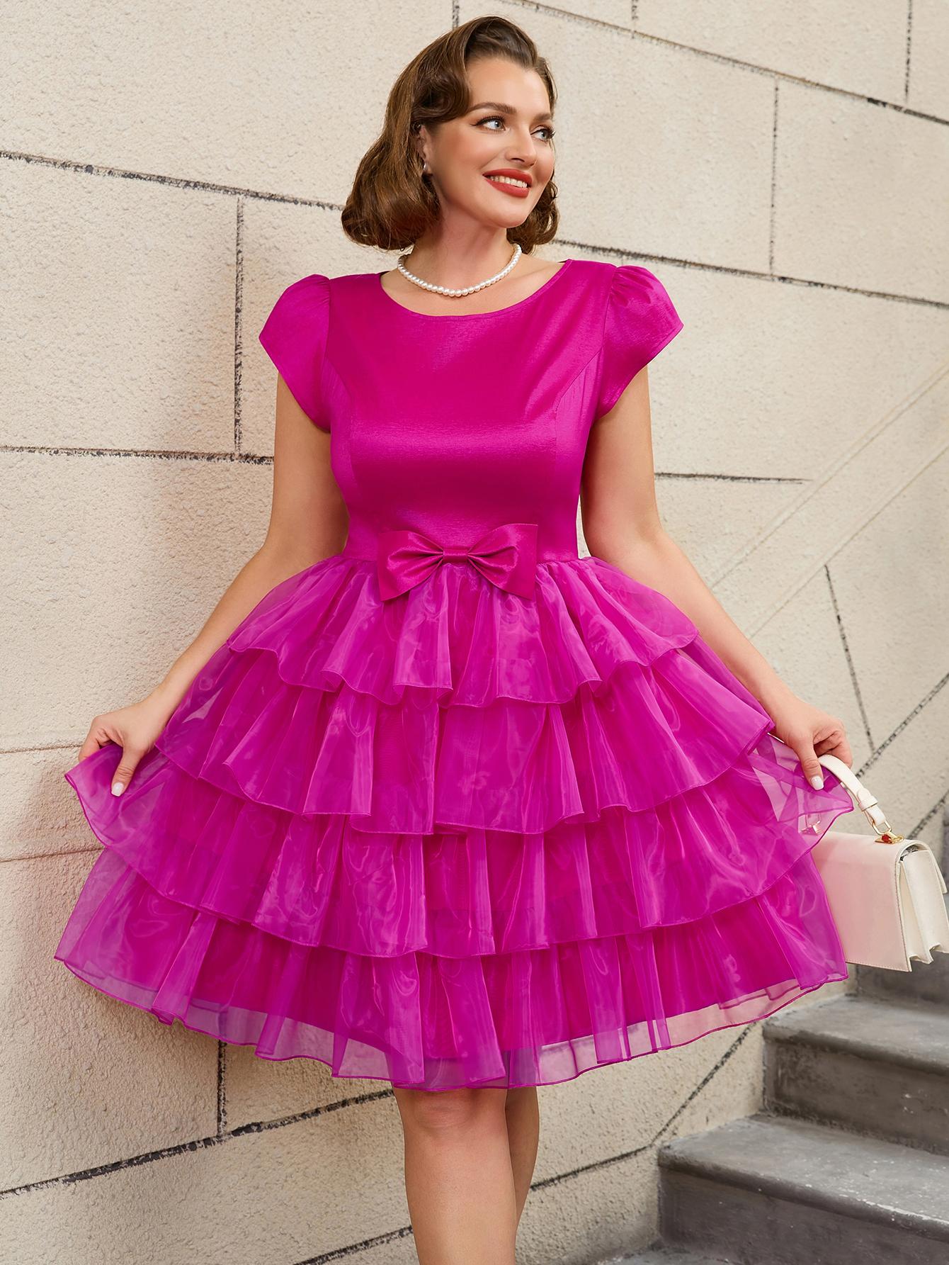 

Платье AOMEI бальное с высокой талией и рукавами-бабочками, из тюля, для званого ужина, подружки невесты 2XL ярко-розовый