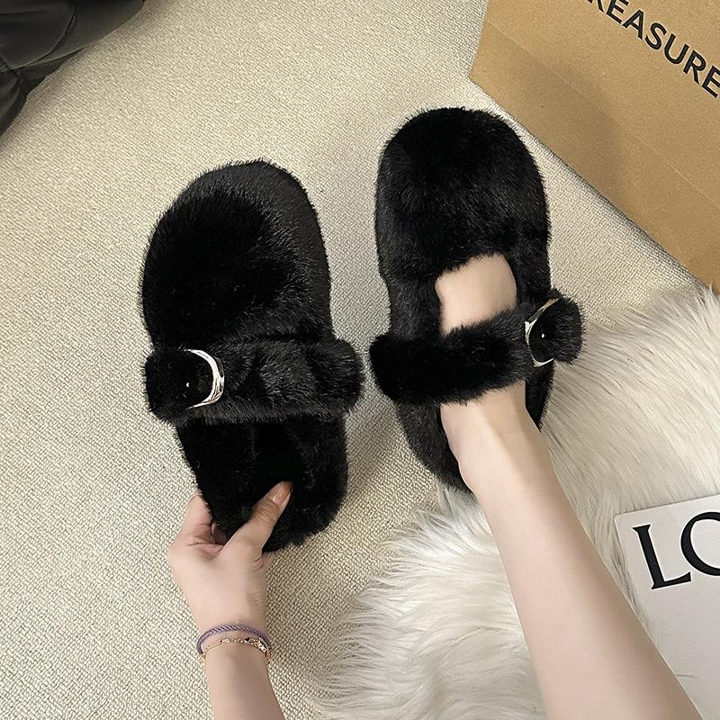 Fellartiger Leopardenmuster-Schnalle mit dicksohligen Bag-Head-Slippern für Damen-Oberbekleidung 2025 neue warme und bequeme vielseitige Baumwollpantoffeln