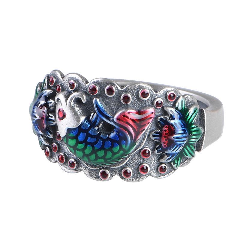 Sterling Silver S925 Koi Fish & Lotus Adjustable Ring - Retro Chinese Style