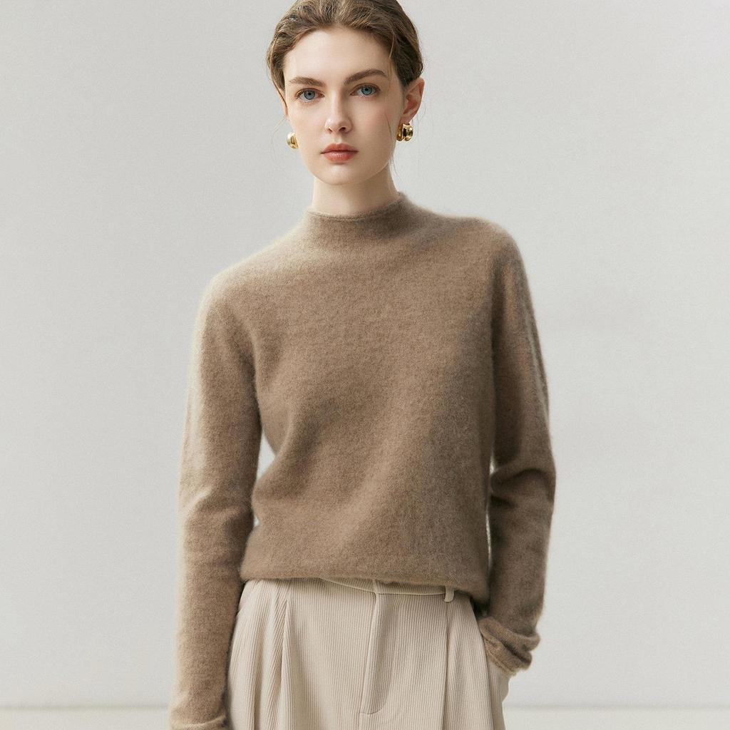 Women's 100% Cashmere Ribbed Half-Turtleneck Sweater - Autumn/Winter Base Layer, Loose & Warm