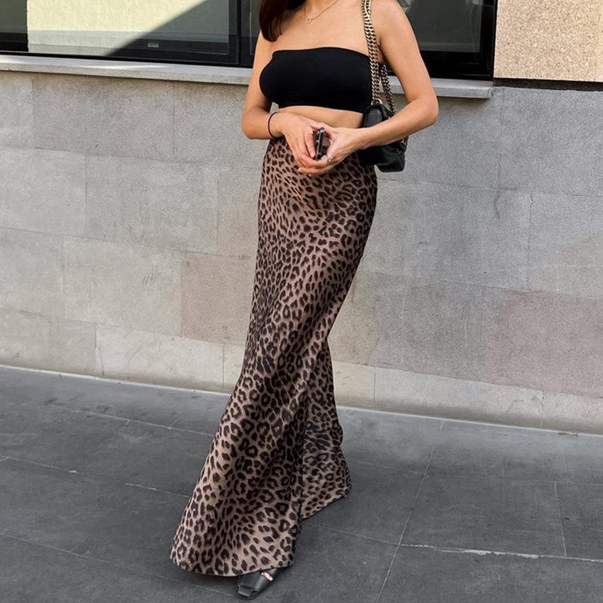 Women's Vintage Leopard Print Maxi Skirt High Waist Draped Bodycon Mermaid Long Skirt European Y2K Club Casual Bottoms