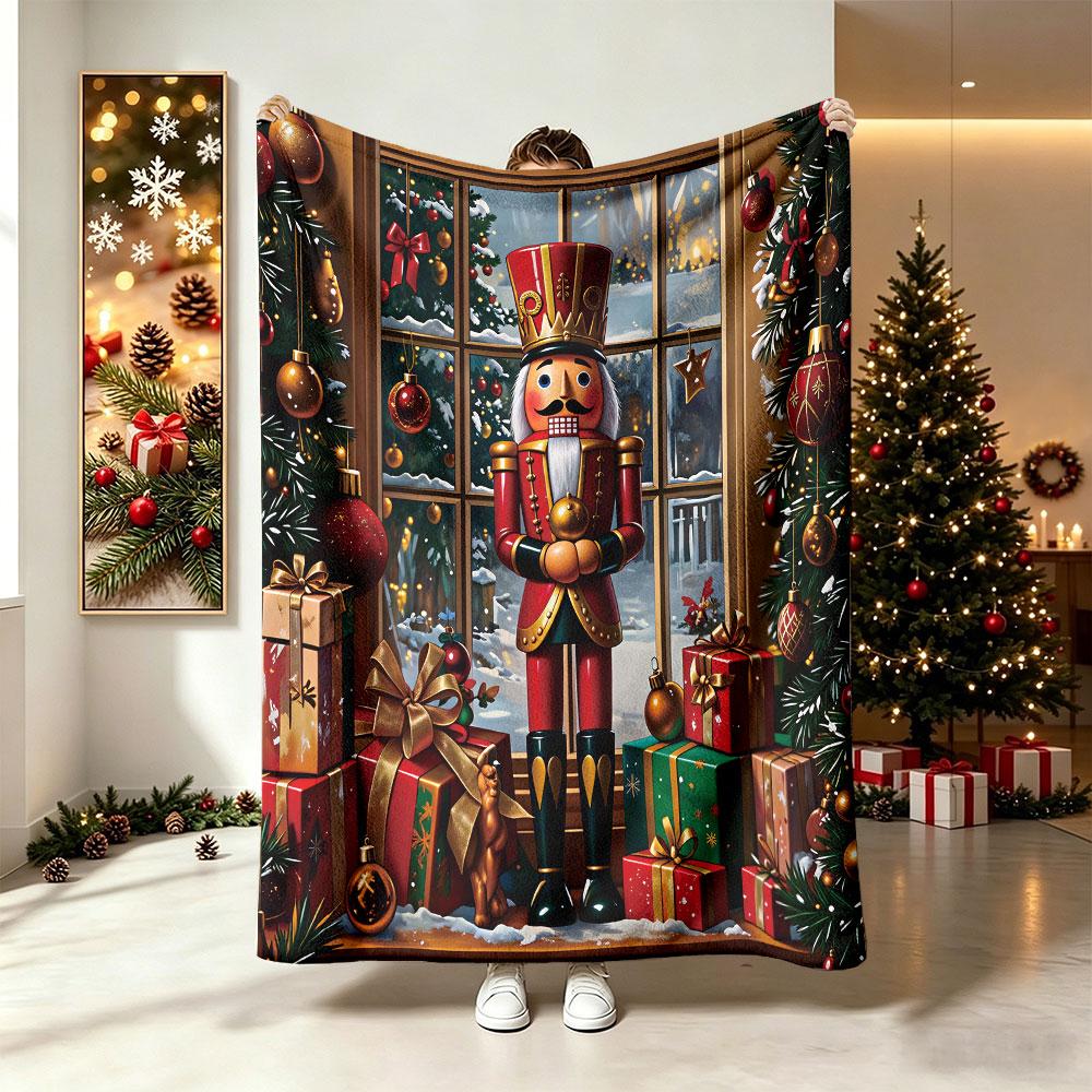 230g Flannel Fleece Blanket Christmas Nutcracker Pattern Soft Warm Cozy Winter Blanket for Christmas Gift Decoration