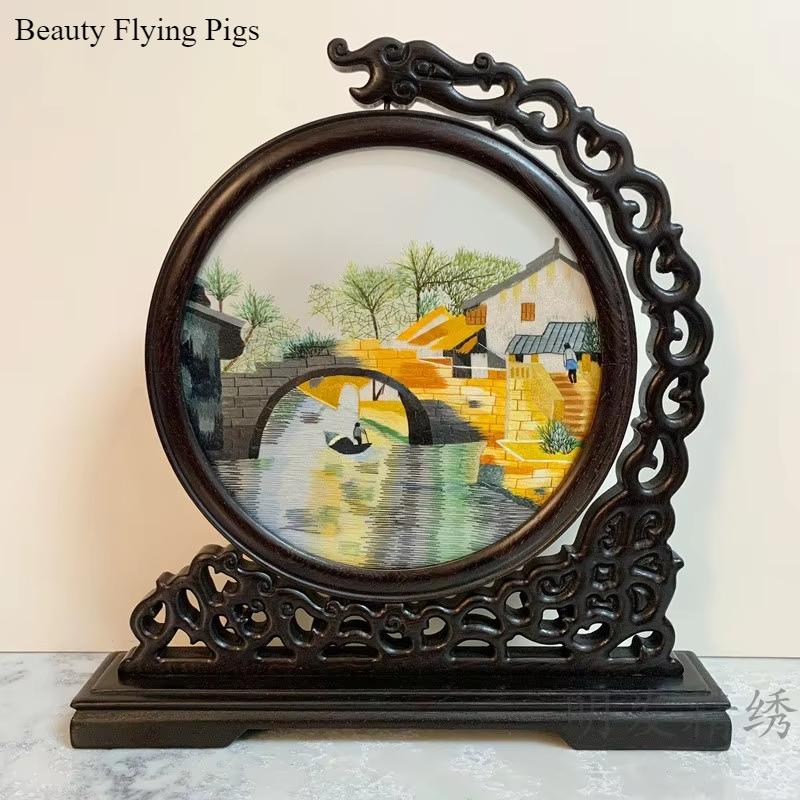 1pc, Su Embroidery Ornaments, Chinese Embroidery Crafts, Double Sided Embroidered Ornament, Solid Wood Desktop Decoration