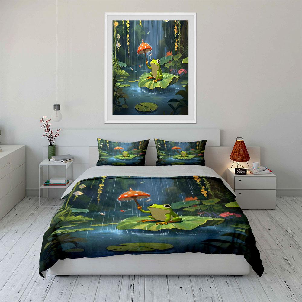 3pcs Frog on lily pad with mushroom umbrella Print Bedding Set 1 Duvet Cover 2 Pillowcases for Adult and Children Luxury Gift