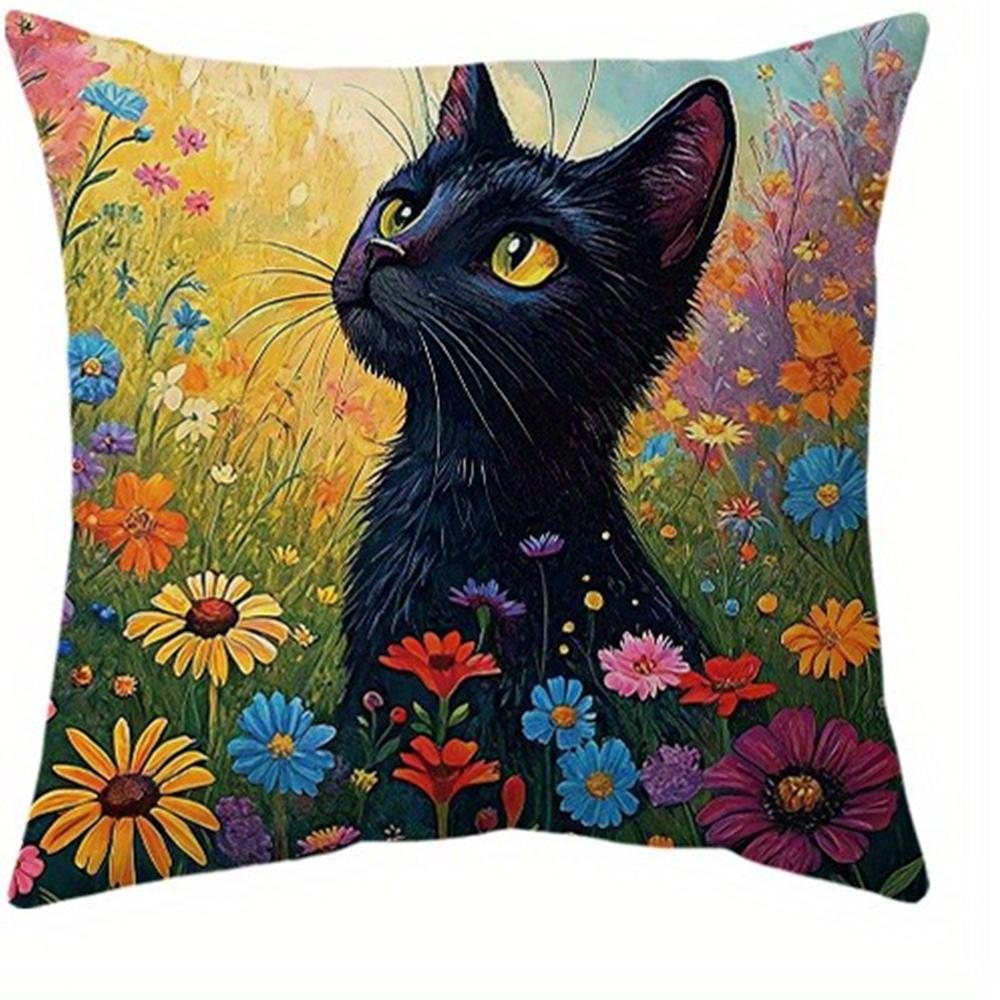 

Художественный черный кот - Цветочный этюд - живопись Наволочки для подушек Гостиная диван чехол для подушки, мягкий и удобный, украшение комнаты 16x16Inch