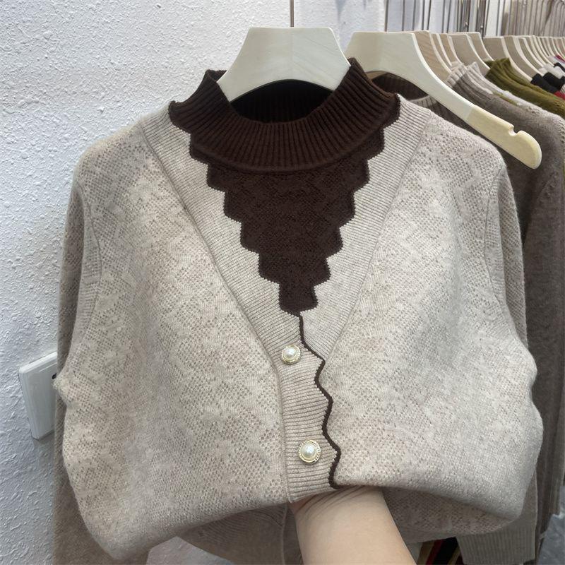 

2025 Fall/Winter Korean Style Semi-High Neck Colorblock Loose Knit Sweater for Women XL (115-125 jin)