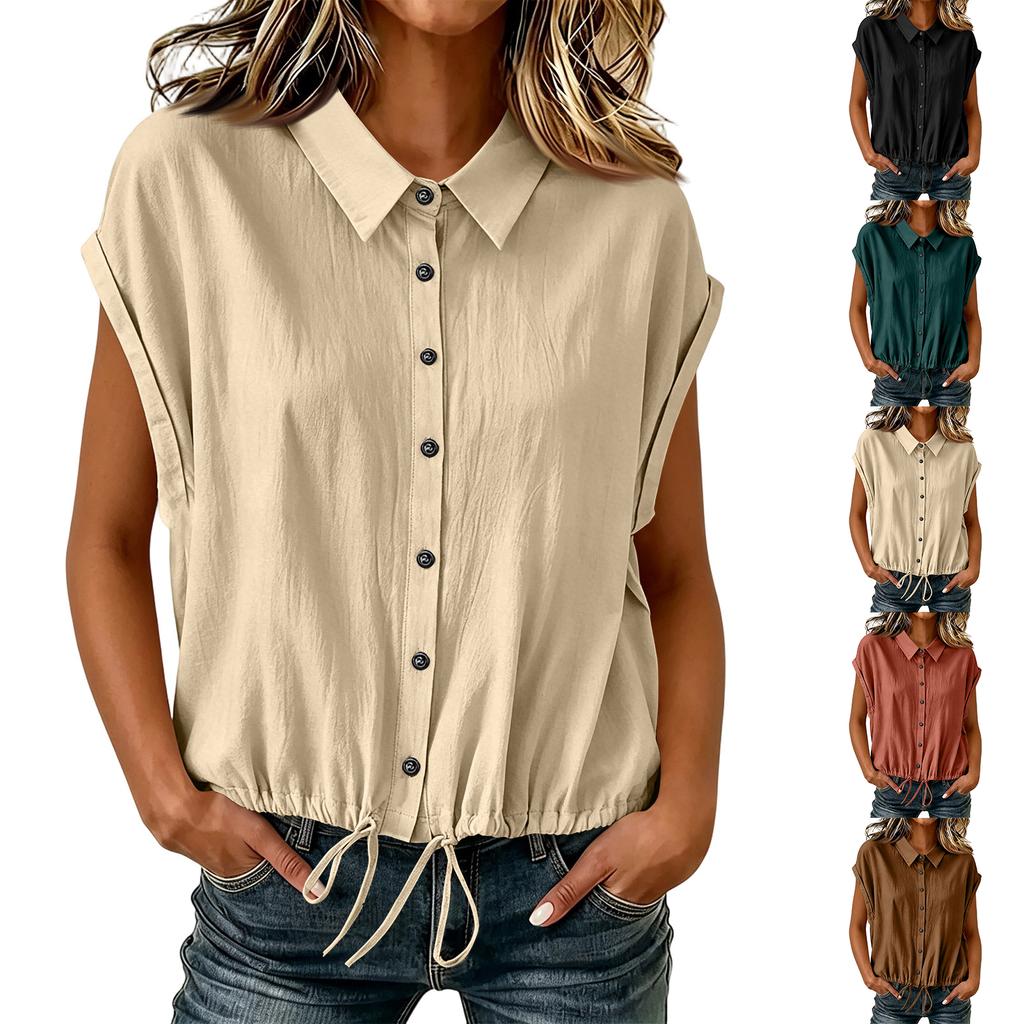 Camicia Casual da Donna a Bottoni Manica Corta Orlo con Coulisse Vestibilità Rilassata Top Leggero per l'Uso Quotidiano