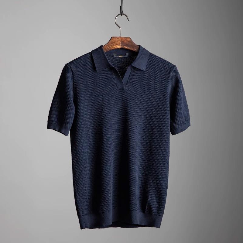 Men Short Sleeve Knit Polo Shirt Honeycomb Texture Casual V-Neck Top