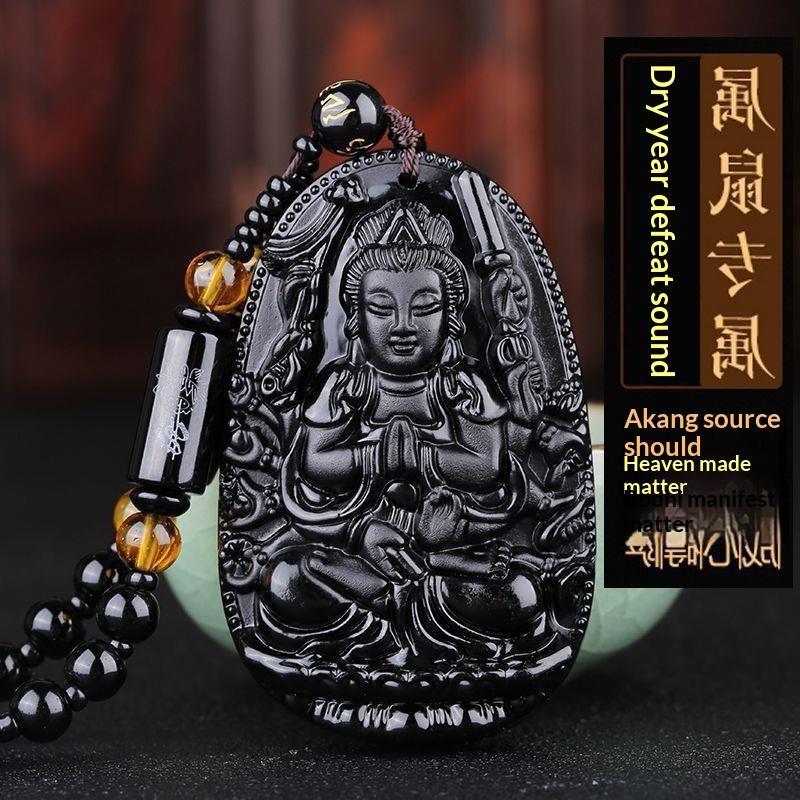 Black Obsidian Buddha Pendant Carved Design Beaded Chain Daily Wear Lucky Gift For Men Women