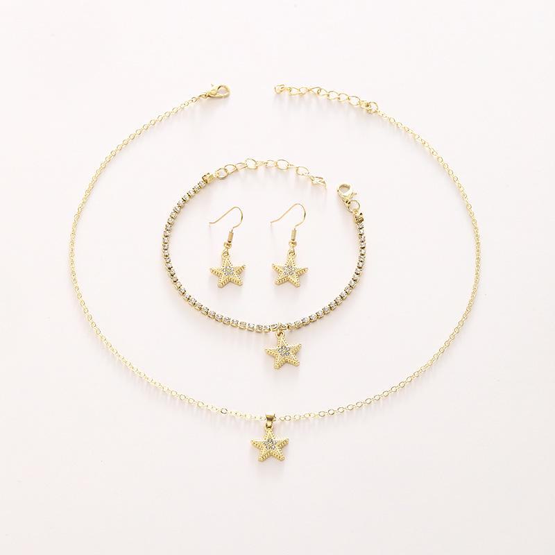 Elegant stjernesmykkesett: Europeisk og amerikansk stil halskjede, øredobber, armbånd - 3 deler