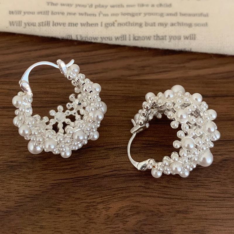 PONYKISS Sterling Zilver 18K Goud Volledige Parel Bloemenmand Hoepel Oorbellen voor Vrouwen Trendy Fijne Geometrische Accessoires