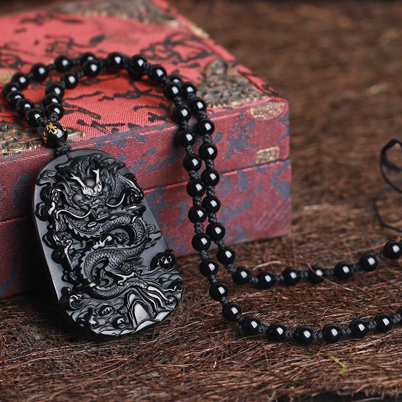 Natural Black Obsidian Chinese Dragon Pendant Jade Necklace Jewelry Amulet Lucky Mens Gift